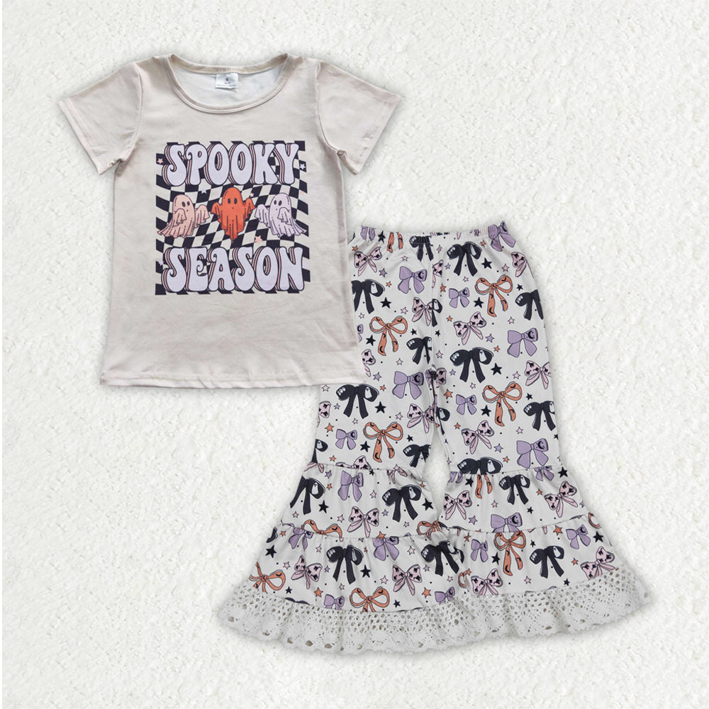 GSPO2066  Kids Girls Spooky Top Print Bell Bottom Pants Outfit