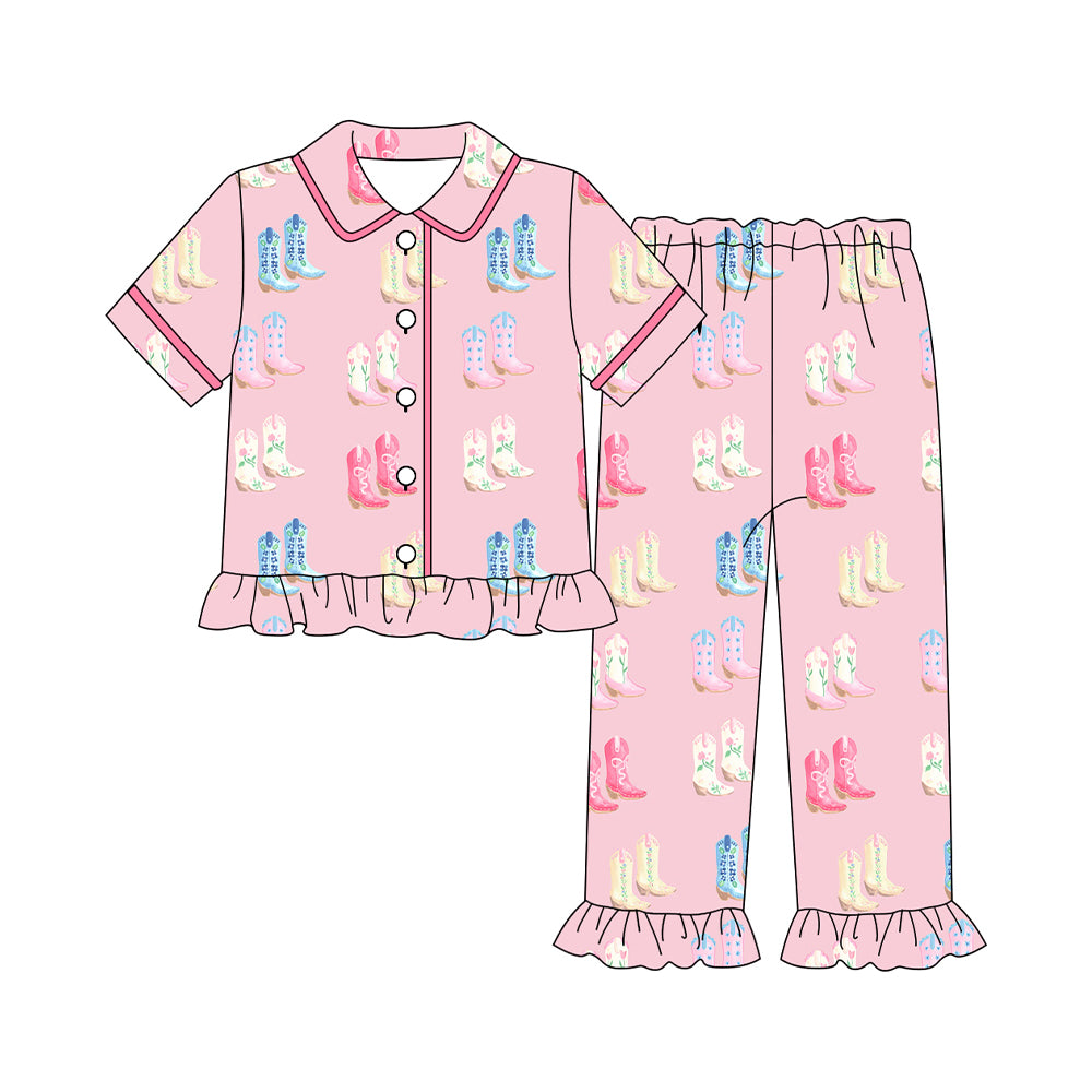 GSPO2083  Adult Women Western Pink Boots Buttons Pajama Set Preorder