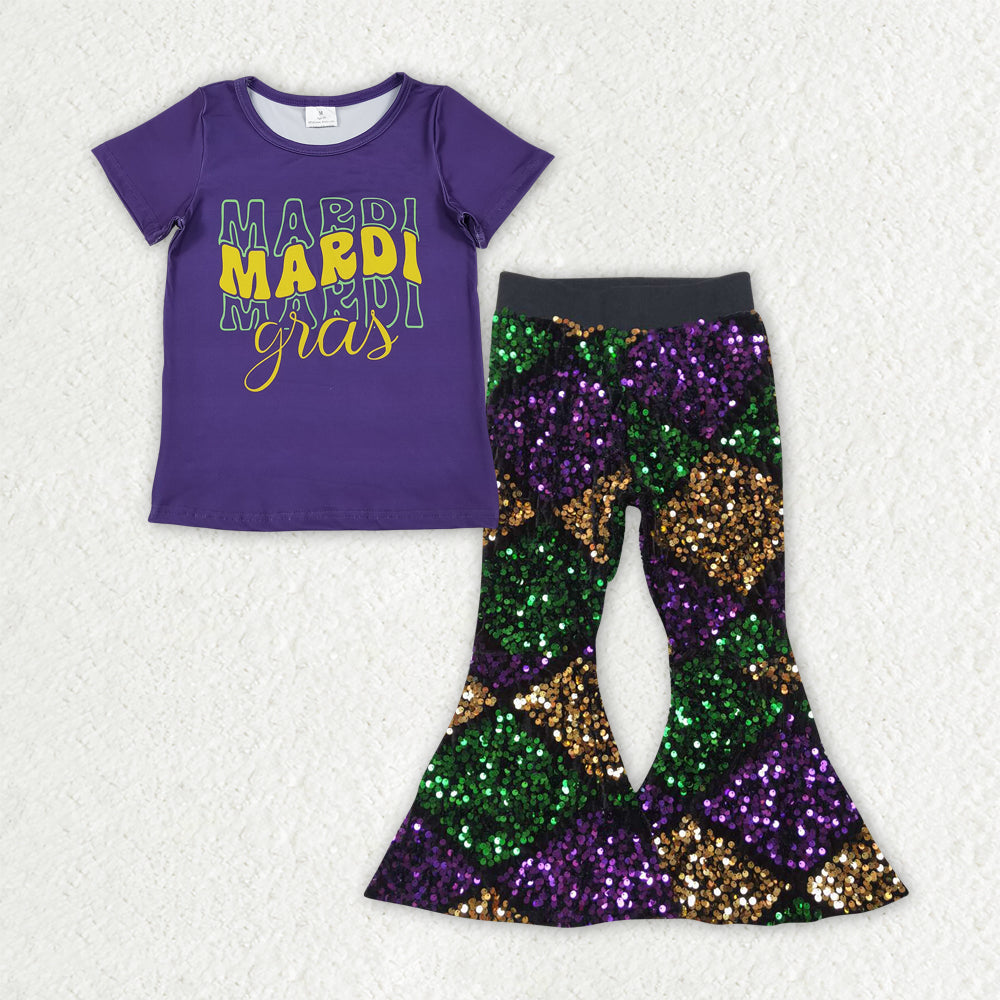 GSPO2182 Baby Girls Mardi Gars Purple Top With Sequin Pants
