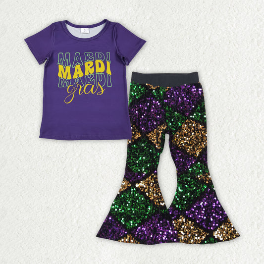 GSPO2182 Baby Girls Mardi Gars Purple Top With Sequin Pants