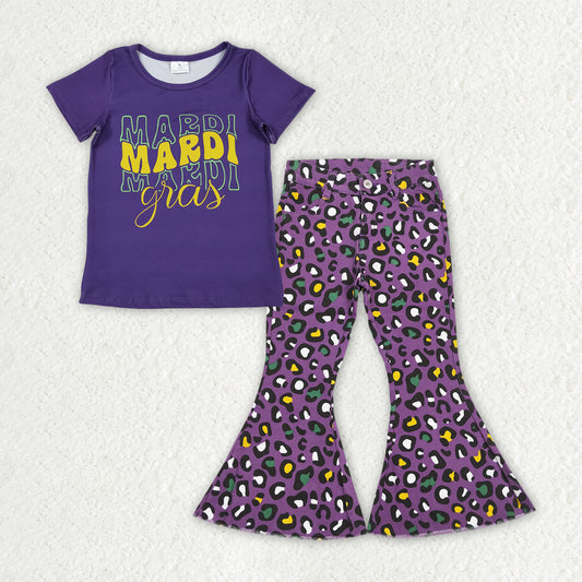 GSPO2187 Baby Girls Mardi Gars Top Purple Leopard Denim Pants Set