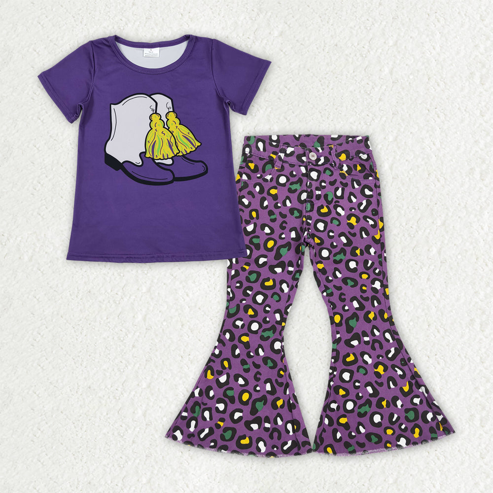 GSPO2188 Baby Girls Mardi Gars Boots Top Purple Leopard Denim Pants Set