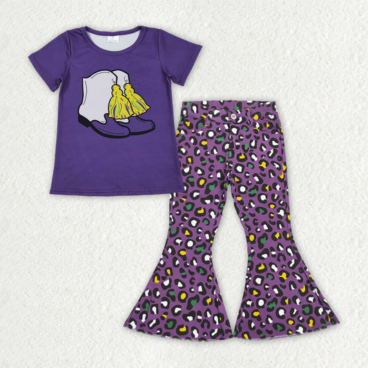 GSPO2188 Baby Girls Mardi Gars Boots Top Purple Leopard Denim Pants Set