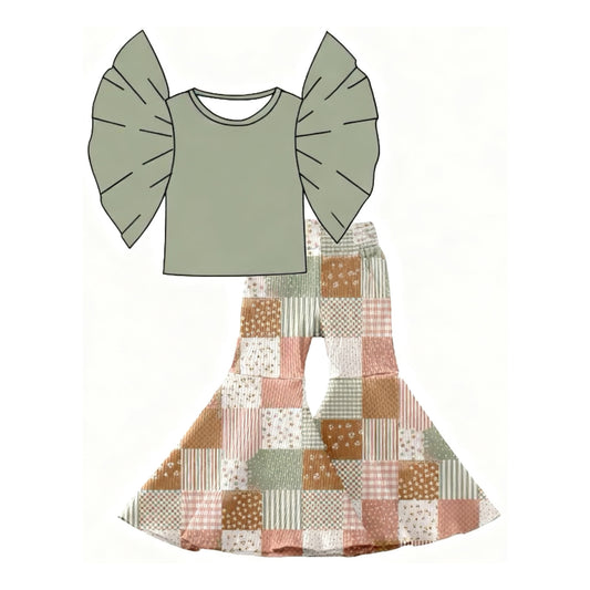 GSPO2210  Baby girls green top with patch bell bottom pants set preorder