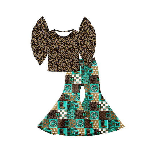 GSPO2211 Baby girls leoprad top with patch bell bottom pants set preorder