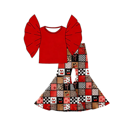 GSPO2212 Baby girls red top with patch bell bottom pants set preorder
