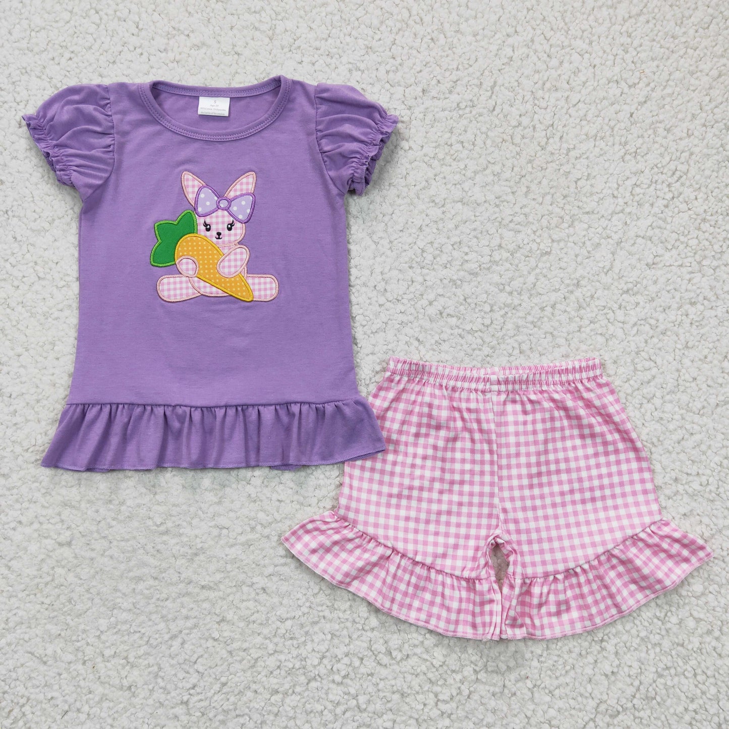 Baby Girls Purple Short Ruffle Sleeves Embroidery Bunny Carrot Top Pink Plaid Short Easter Sets