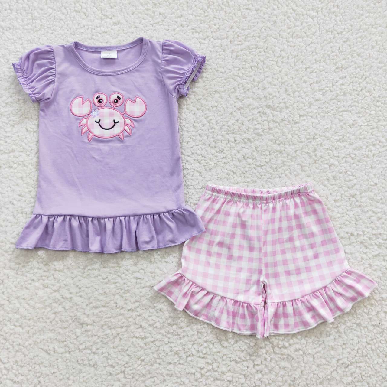 Summer Girls Purple Embroidery Crab Shorts Set