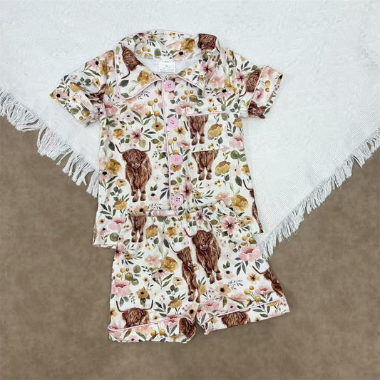 GSSO0176 Kids Girls Highland Cow Flowral Pajama Set