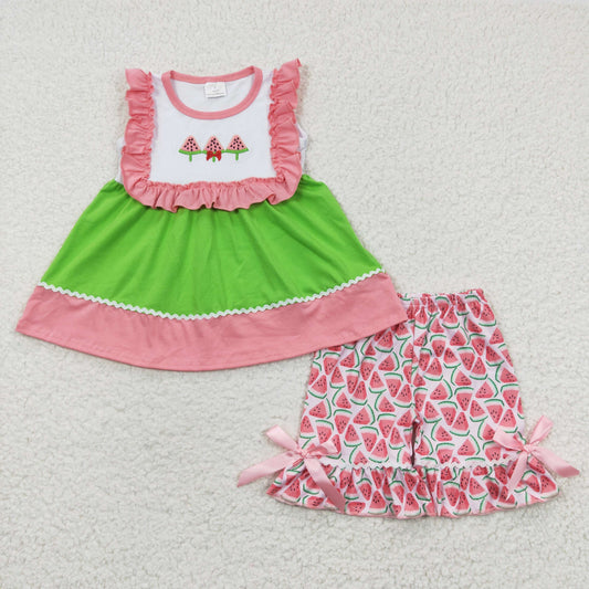 Summer Girls Embroidery Watermelon Shorts Set