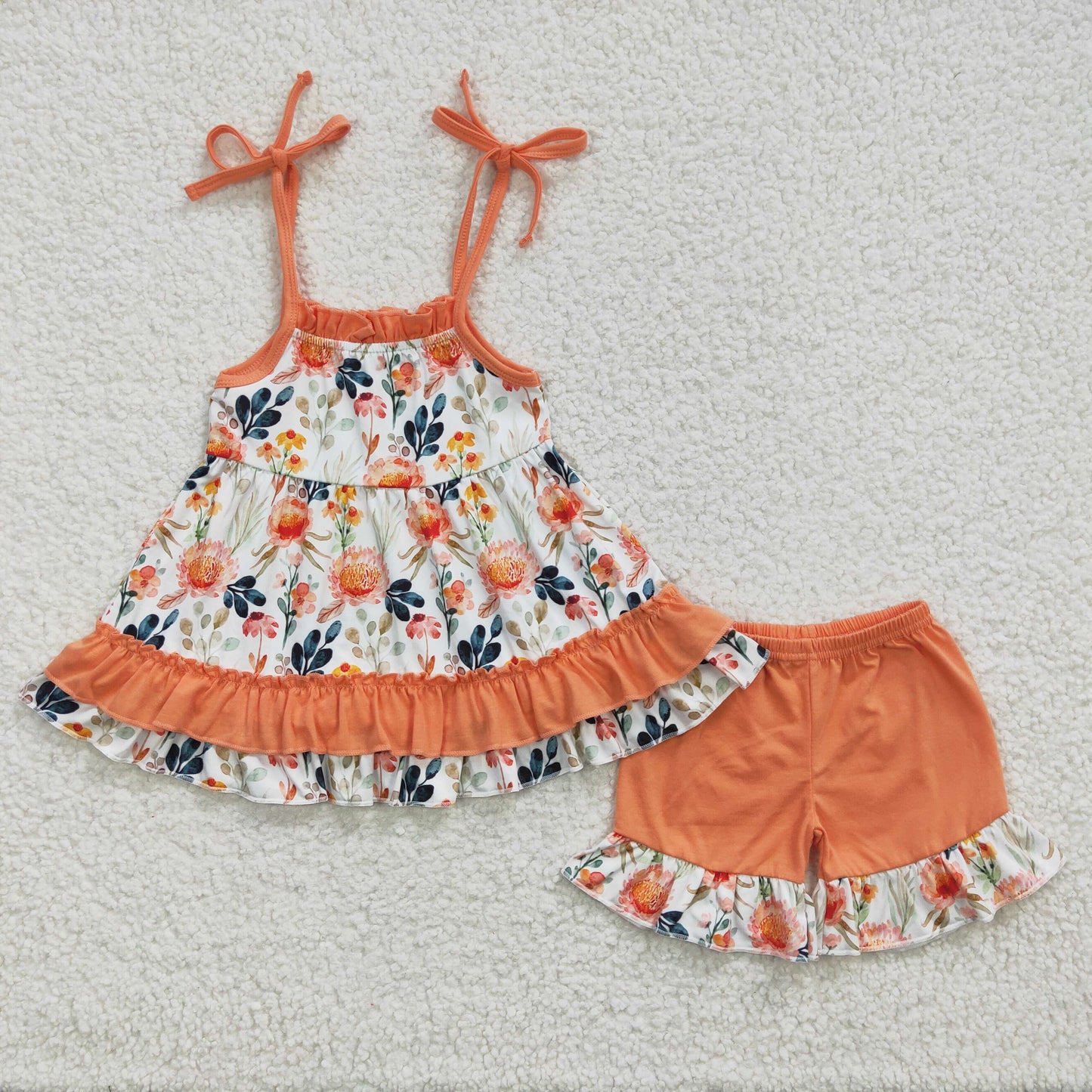 GSSO0194 Girls Summer Orange Flower Shorts Set
