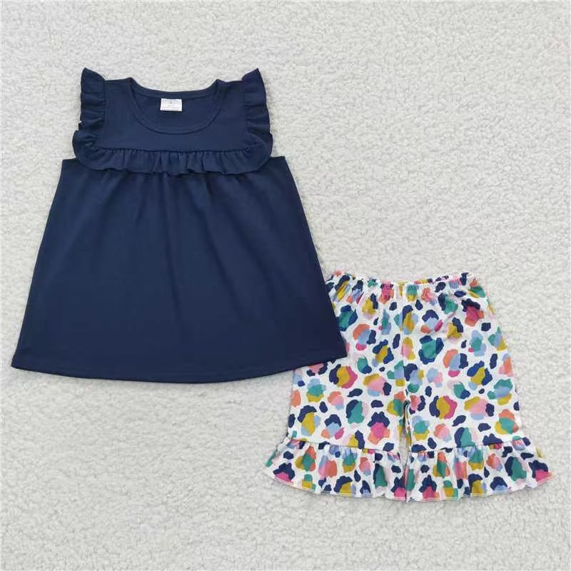 Kids Girls Navy Top Leoaprd Shorts Set