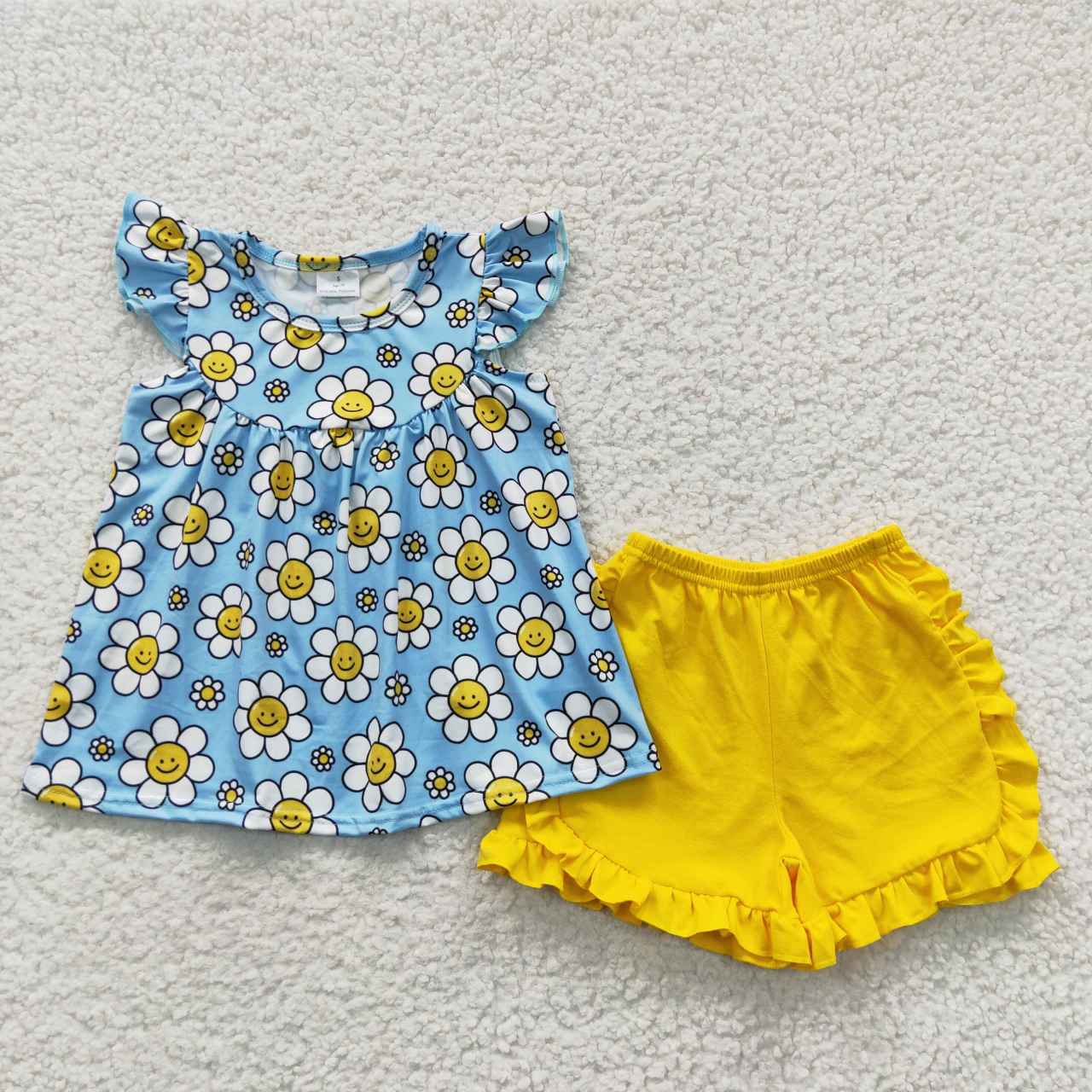 Kids Girls Daisy Tunic Top Yellow Shorts Set