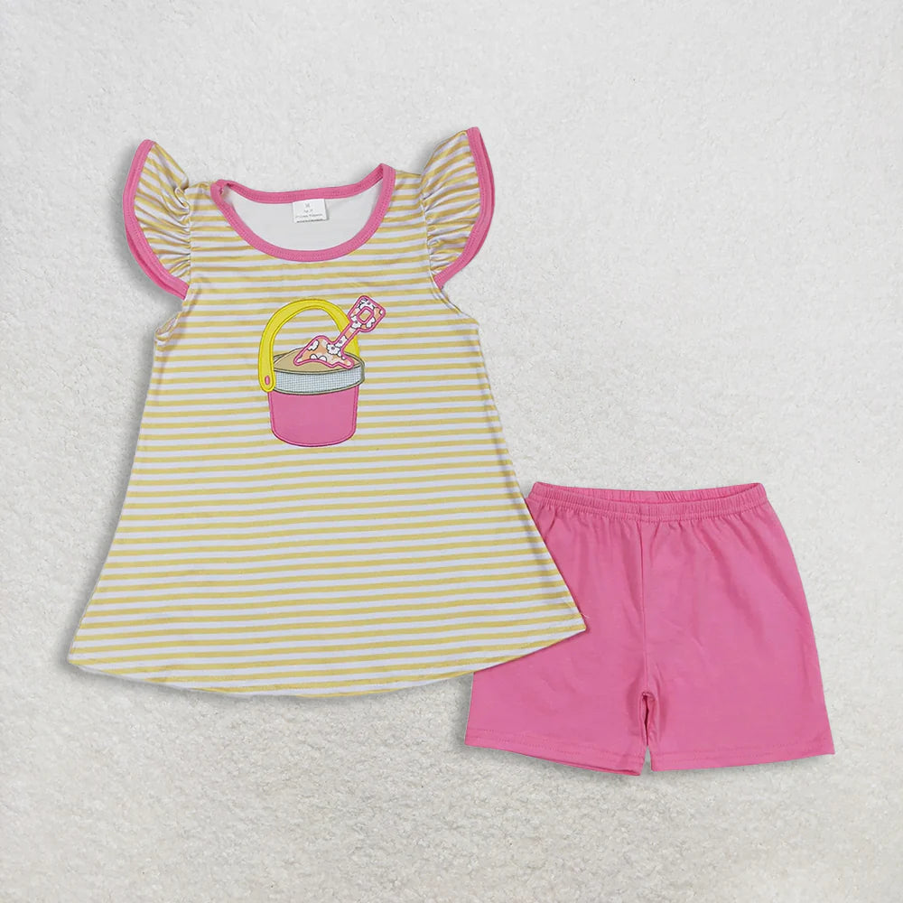 Sibling Baby Girls  Embroidery Beach Top with Shorts Outfit