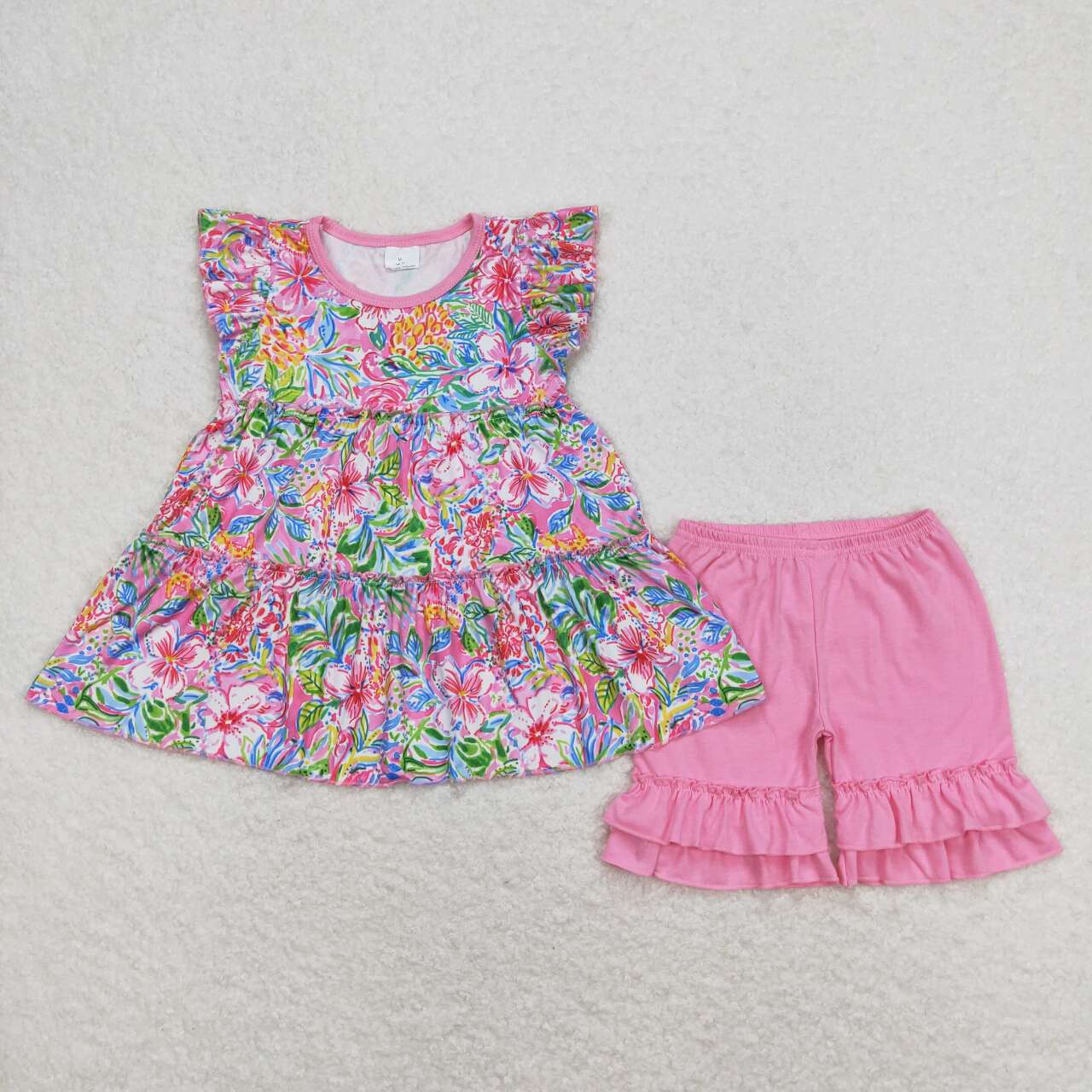 Baby Girls Sibling Flowers Tunic Dark Pink Shorts Summer and Romper