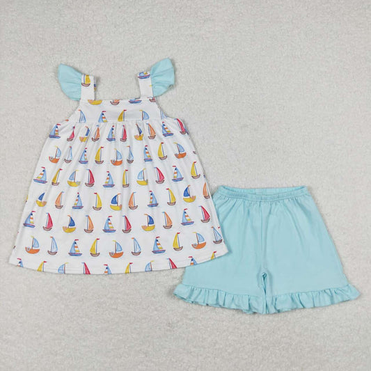 Baby Girls Sailboat Flutter Sleeve Tunic Top Shorts Clothes Sets