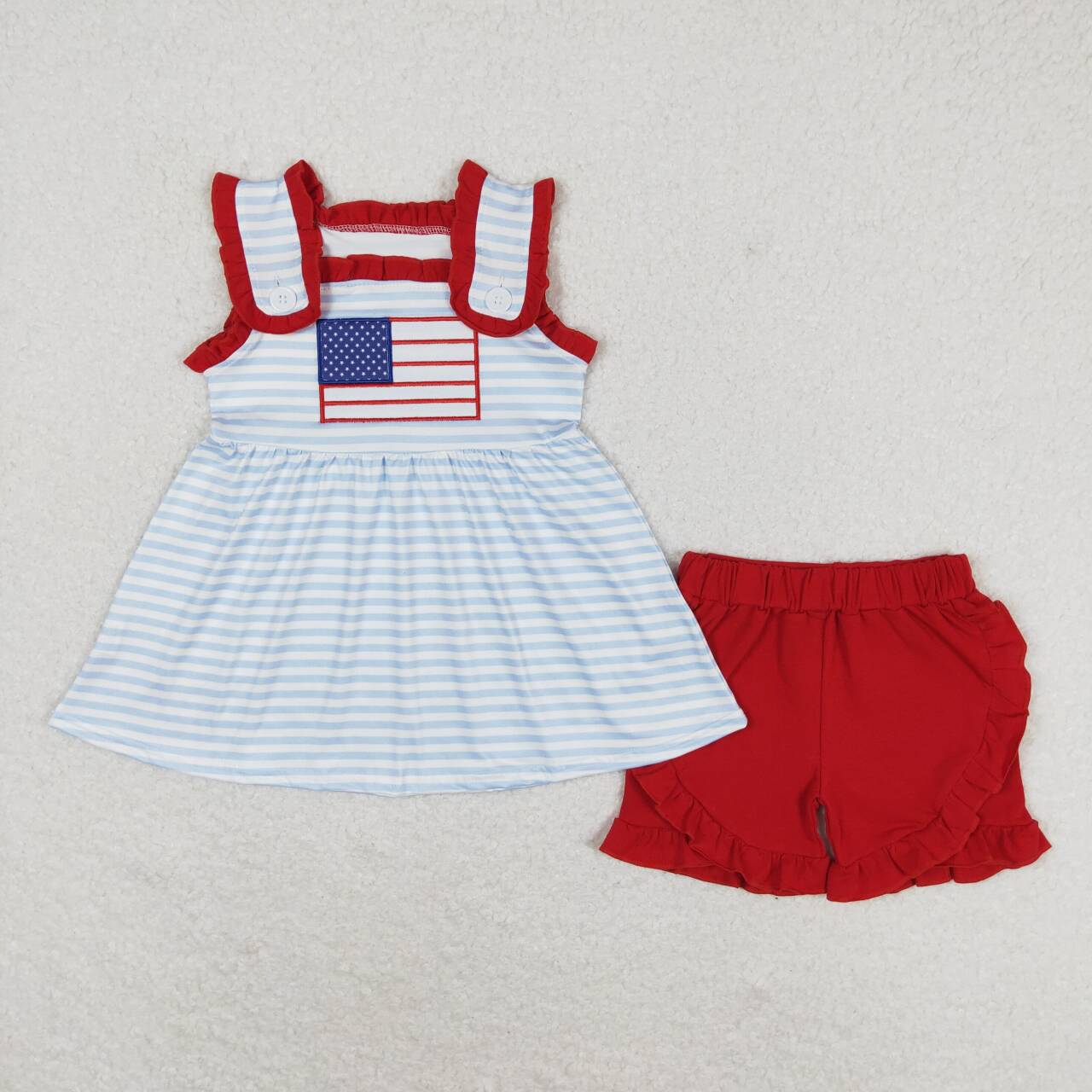 Sibling July 4th Embroidery USA Flag Outfit and Romper