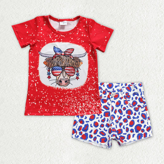 Baby Girls July 4th Highland Cow Top Matching Denim Leoaprd Shorts Set