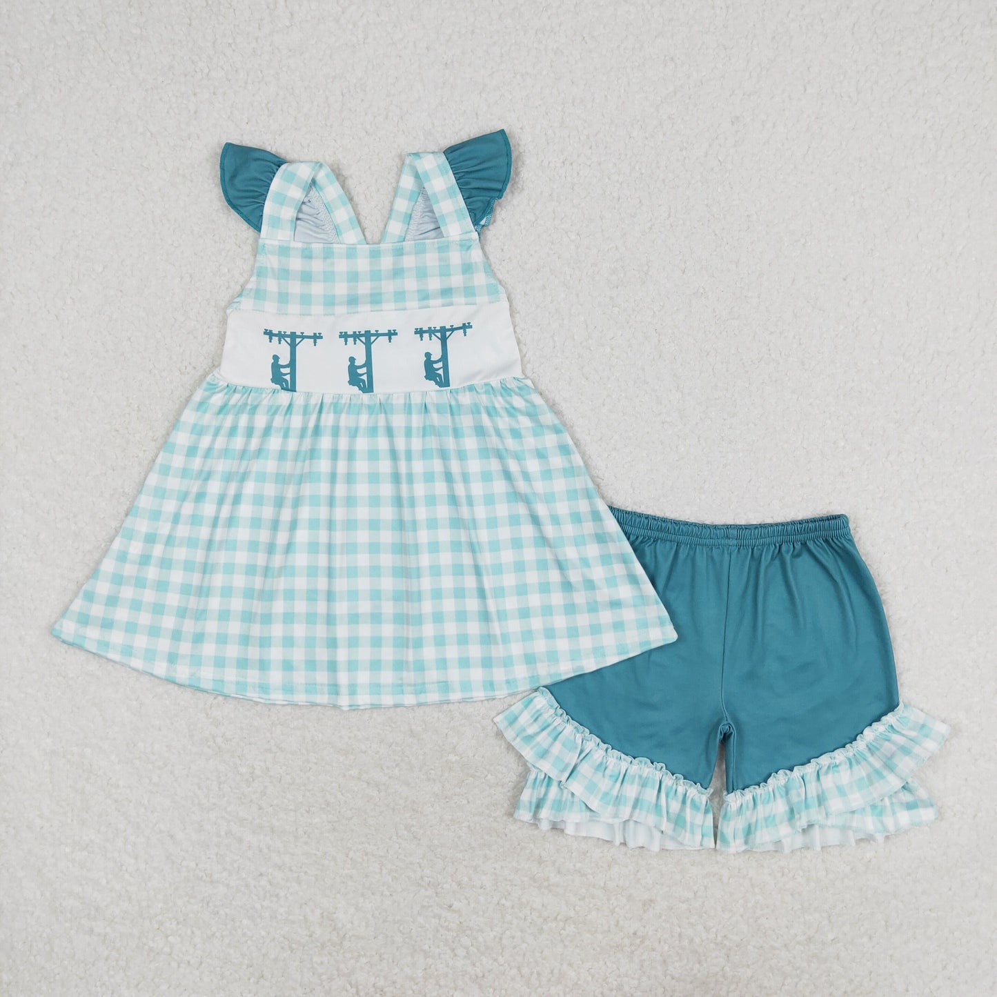 Baby Sibling Girls Boys Linemen Print Green Gingham Outfit Romper