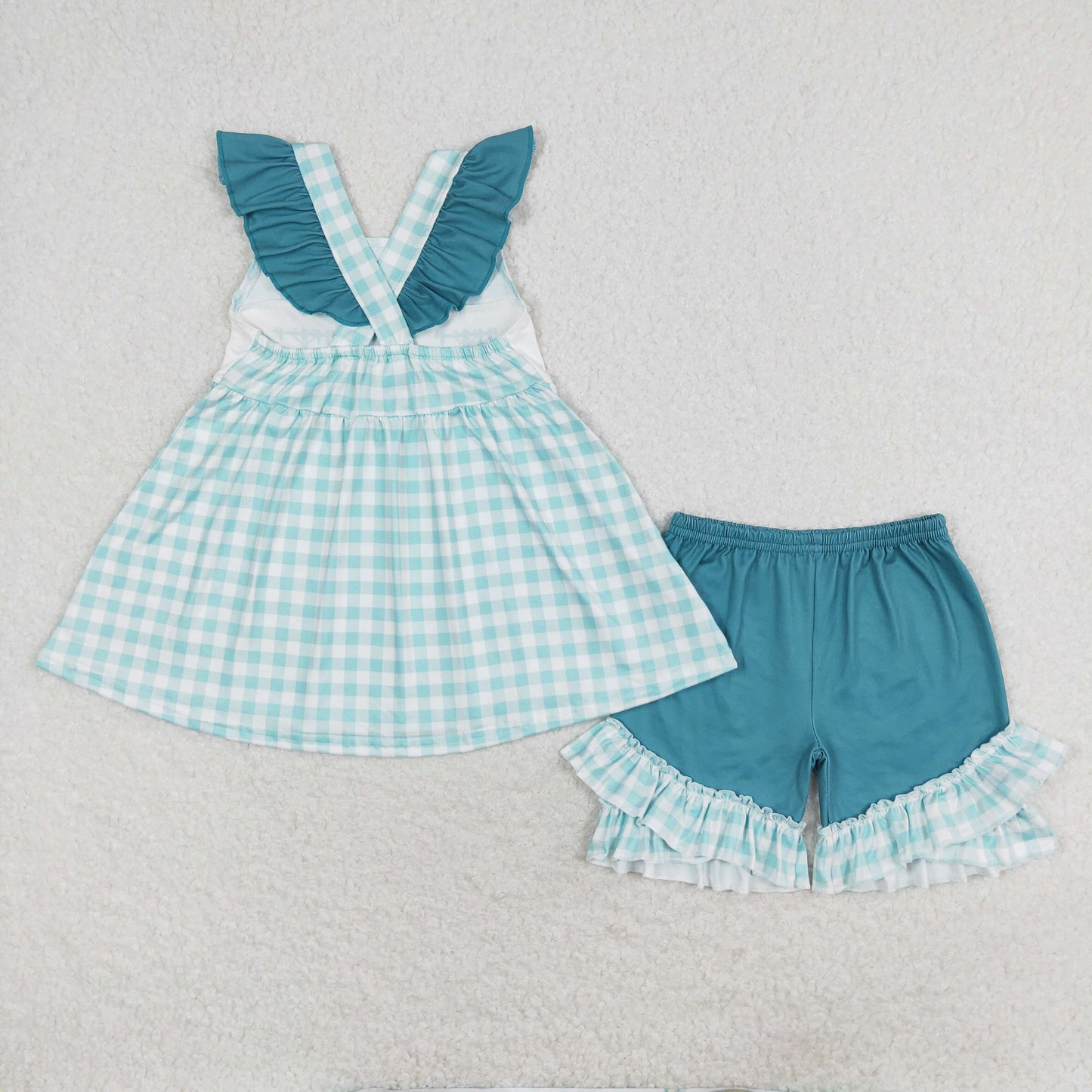 Baby Sibling Girls Boys Linemen Print Green Gingham Outfit Romper