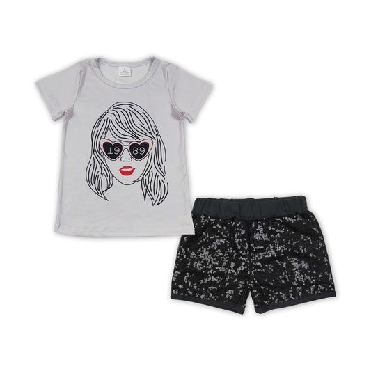 GSSO0898Kids Girls Pop Singer 1989 Black Sequin Shorts Set