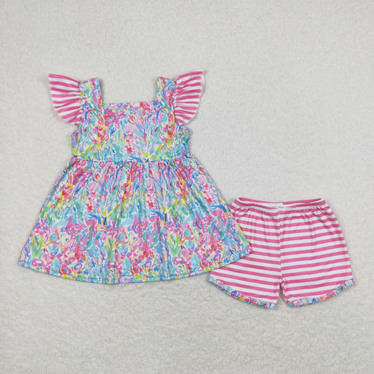 Baby Girls Pink Stripe Flutter Sleeves Watercolor Floral Tunic Short Set
