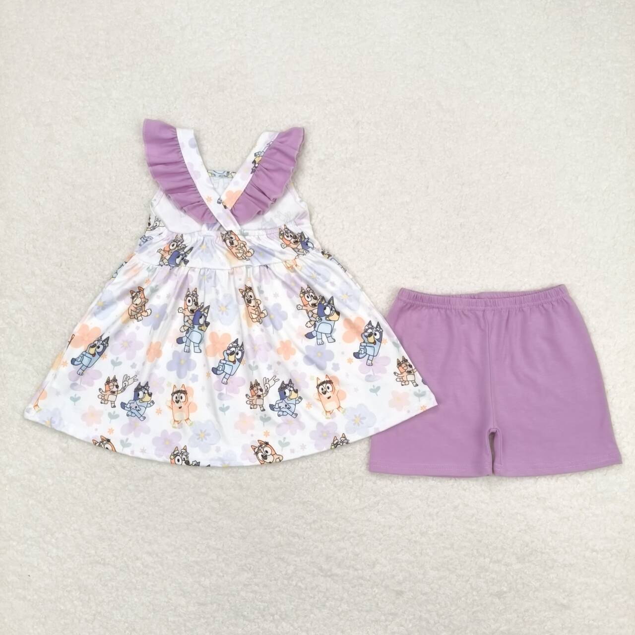 Sister Cartoon Dog Tunic Top Ruffle Shorts Set and Dress