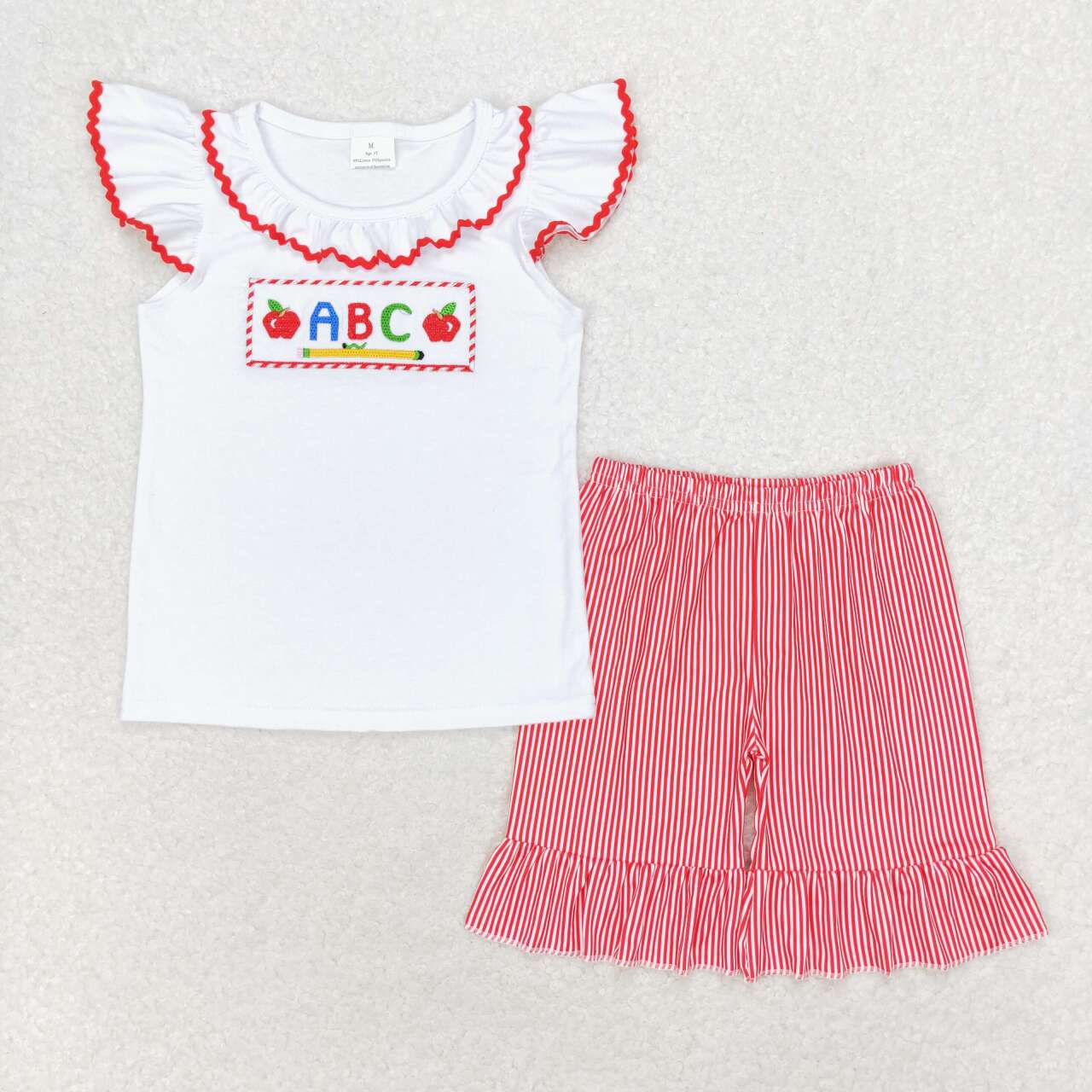 Sibling Kids  Back to School Embroidery ABC Apple Shorts Set