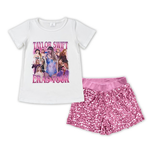 Kids Girls  Taylor Swift Eras Tour Top Pink Sequin Shorts Set