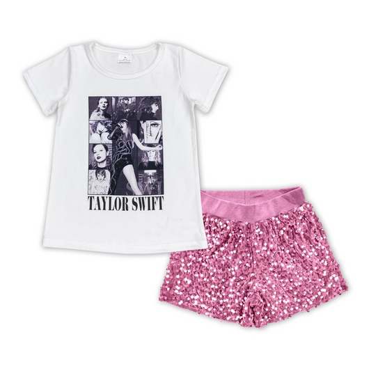 Kids Girls  Taylor Swift  Top Pink Sequin Shorts Set