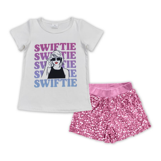 Kids Girls Swiftie Top Pink Sequin Shorts Set