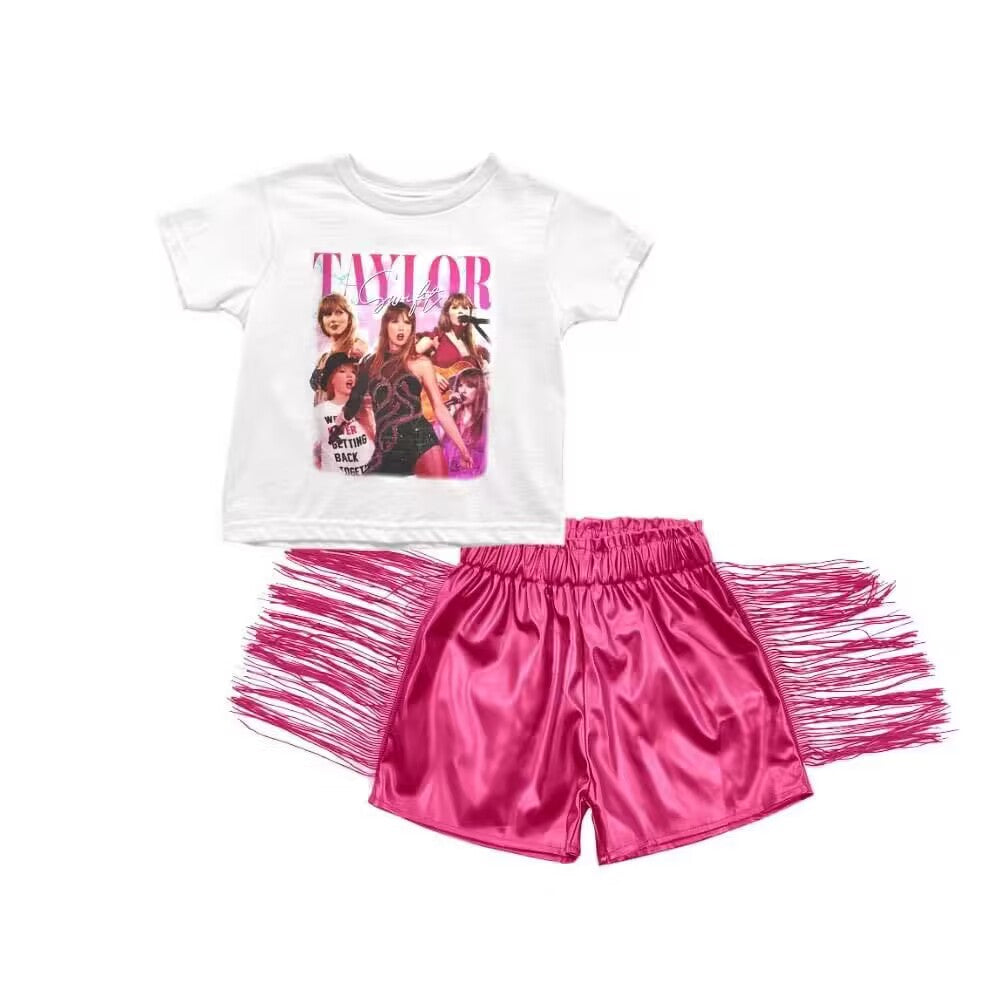 Kids Girls Taylor Swift Top Hot Pink PU Leather Shorts Set Pre-order