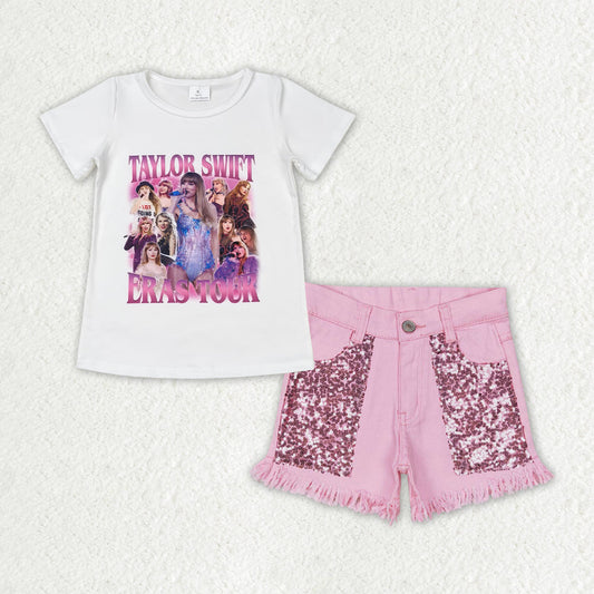 GSSO1446 Pop Singer Matching Pink Denim Shorts Set