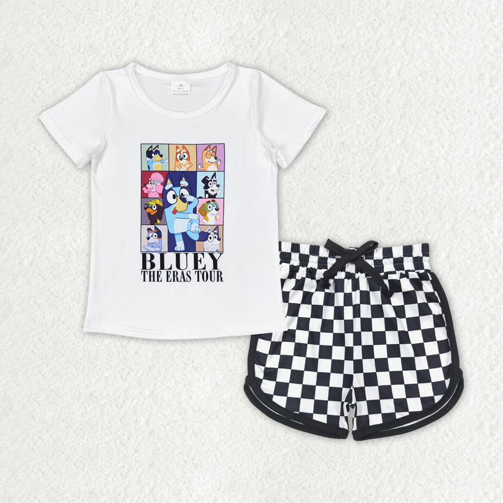 Baby Girls Cartoon Dog Top Black Checker Shorts Set