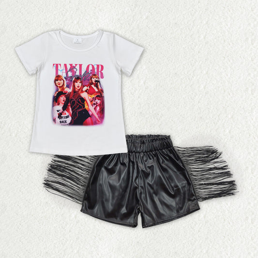 Baby Girls  Pop Singer White Top  Black Leather PU  Shorts Set