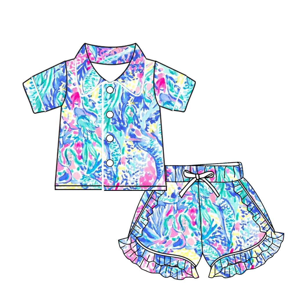 Summer Baby Girls Watercolor mermaid Shorts Buttom Pajama Set  preorder