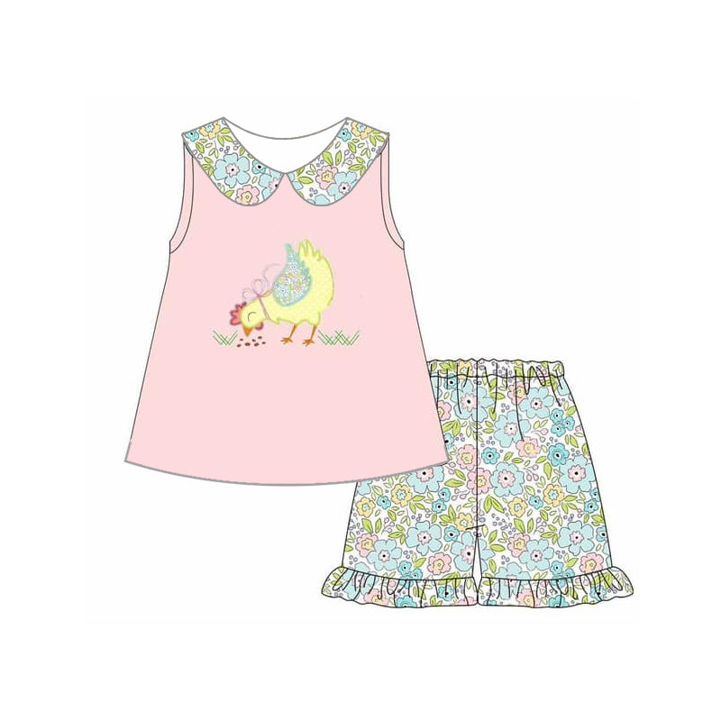 Sibling Baby Girls  Sister Cute Chicken Floral Outfit and Romper