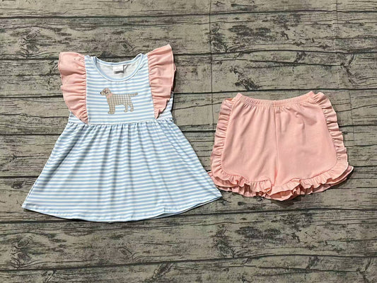 Baby Girls Embroidery Dog Blue Striped Top Pink Shorts Outfit Preorder