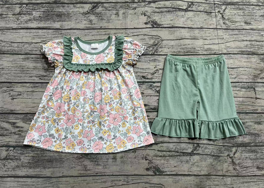 Baby Girls Short Ruffle Sleeves Pink Floral Tunic Green Shorts Set Preorder