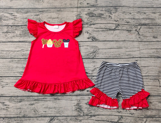 Baby Girls Red Flutter Sleeves Cartoon Mouse Icecream Print Tunic Black Stripe Ruffle Short Set Preorder