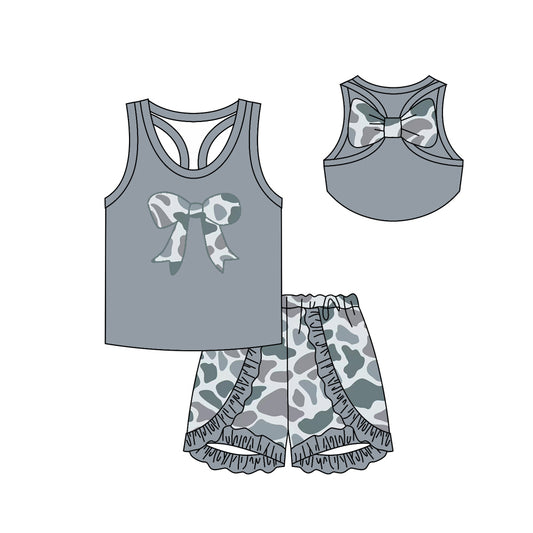 GSSO1622 Baby Girls Grey Camo Bow Top Ruffle Shorts Outfit Preorder