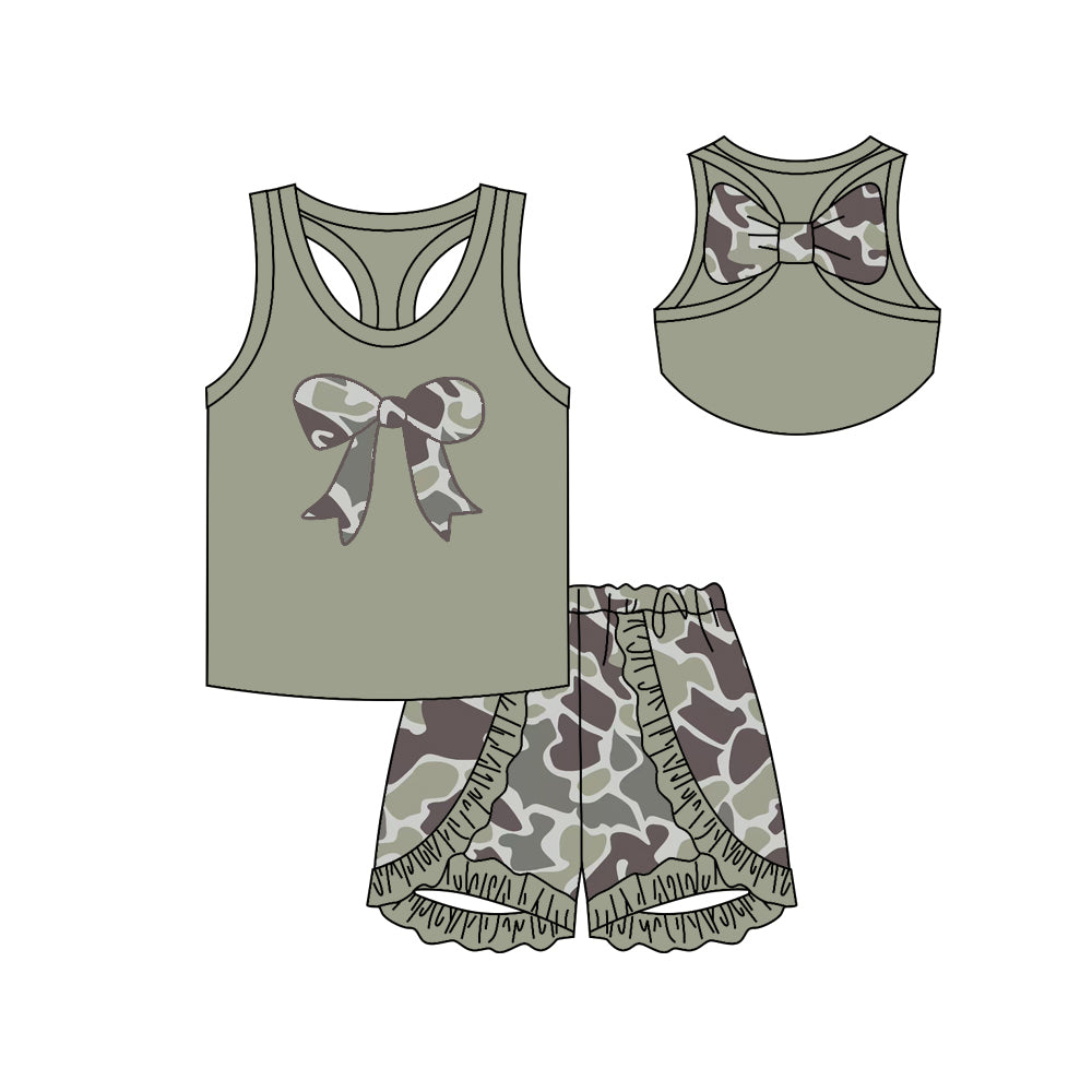 GSSO1624 Baby Girls Green Camo Bow Top Ruffle Shorts Outfit Preorder