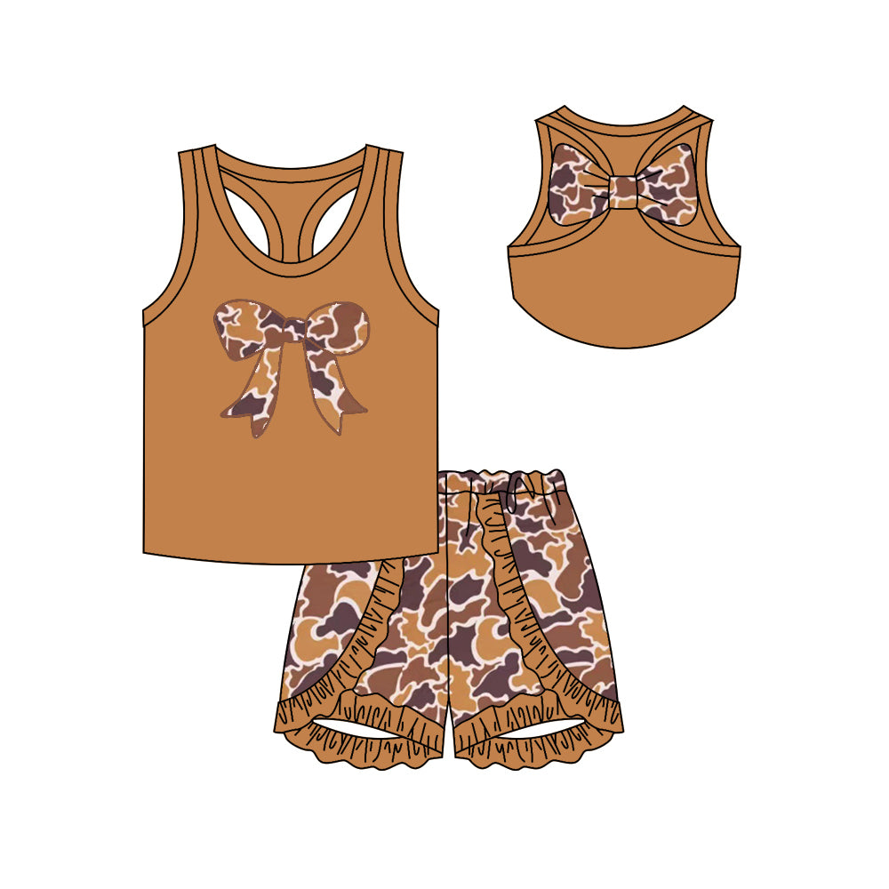 GSSO1628 Baby Girls Little Brown Camo Bow Top Ruffle Shorts Outfit Preorder