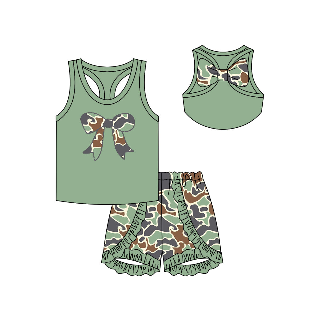 GSSO1630 Baby Girls   Green Camo Bow Top Ruffle Shorts Outfit Preorder