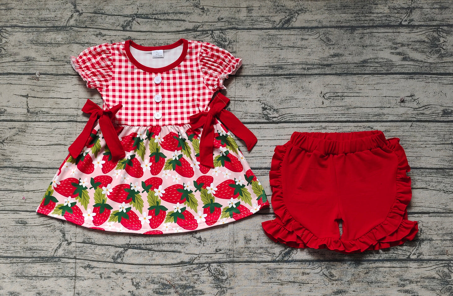 Baby Girls Red Plaid Short Ruffle Sleeves Button Down Strawberry Bows Tunic Shorts Set Preorder