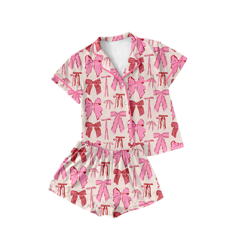 Adult Women Pink Button Down Bows Print Top Shorts Mama Valentines Pajamas Set Preorder