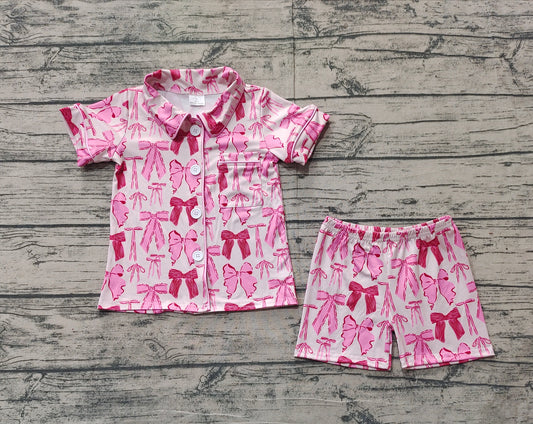 Baby Girls Pink Bows Button Down Pocket Top Short Pajamas Set Preorder