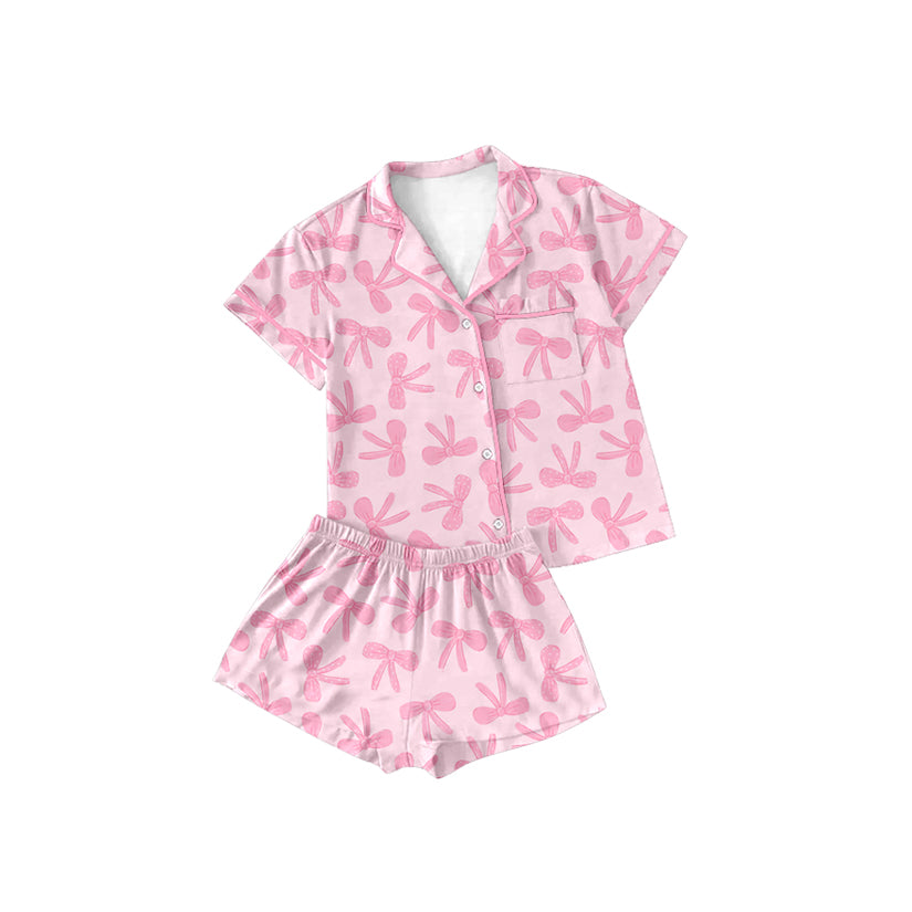 Baby Girls Pink Bows Print Button Down Pocket Top Short Pajamas Set Preorder