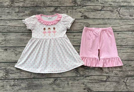 Baby Girls Pink Polka Dots Short Ruffle Sleeves Dancer Print Tunic Shorts Set Preorder