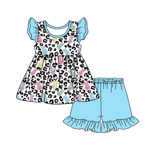 Baby Girls Blue Flutter Sleeves Leopard Bunny Print Tunic Ruffle Shorts Set Preorder